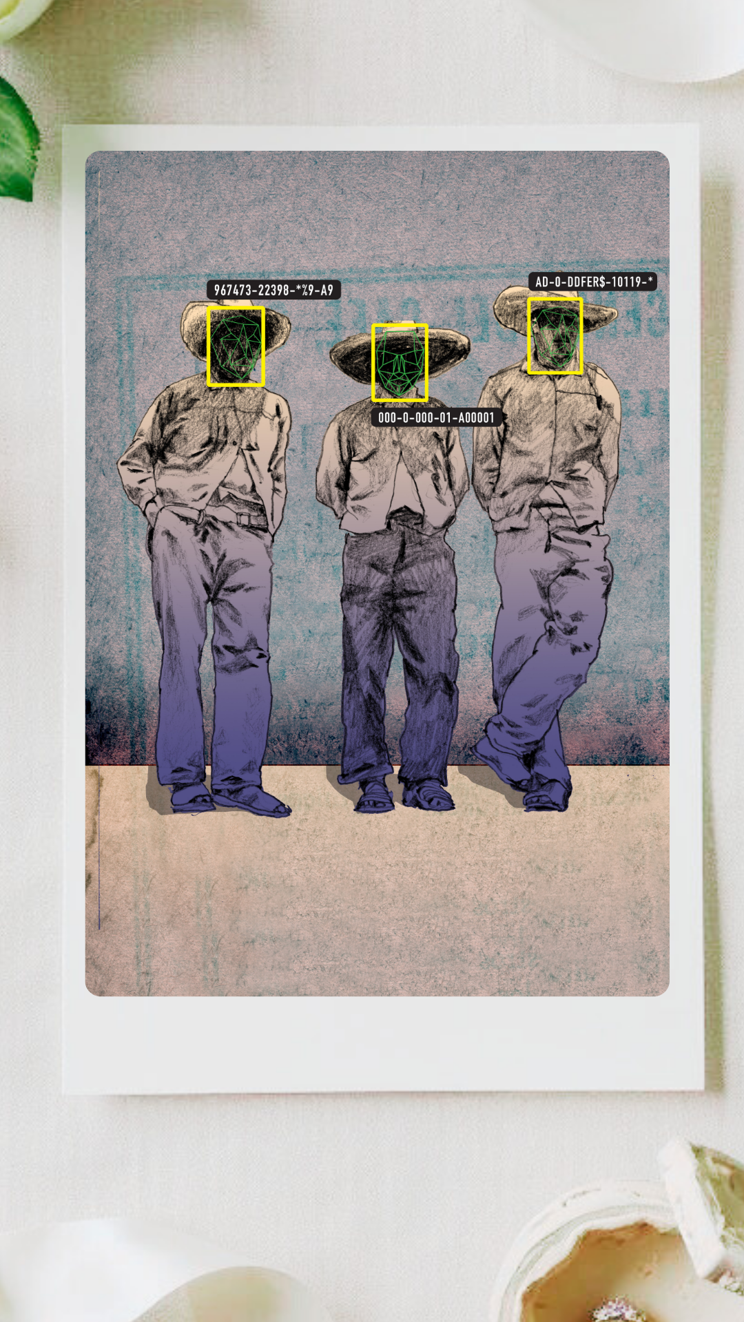 A photograph showing  the hersoid print '3 gauchos' - three man in traditional workwear with facial recognition graphics over their faces